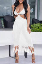 White Sexy Solid Color Fringed Trim Hollow Out See-Through Spaghetti Strap Beach Dresses