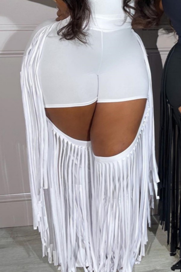 White Casual Solid Color Fringed Trim Hollow Out Skinny High Waist Conventional Solid Color Trousers