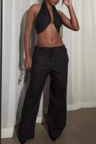 Black Sexy Casual Solid Color Backless Halter Sleeveless Two Pieces