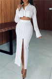 White Casual Striped Print Patchwork Slit Turndown Collar Long Sleeve Two Pieces