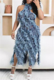 Turquoise Sexy Casual Patchwork See-Through Backless Half A Turtleneck Sleeveless Dresses