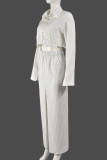 White Casual Striped Print Patchwork Slit Turndown Collar Long Sleeve Two Pieces