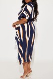 Deep Blue Casual Print Buttons Belted Turndown Collar Shirt Plus Size Dresses