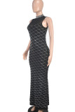 Black Celebrities Plaid Patchwork See-Through Mesh Hot Drill Zipper O Neck Long Dresses