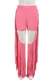 Pink Casual Solid Color Fringed Trim Hollow Out Skinny High Waist Conventional Solid Color Trousers