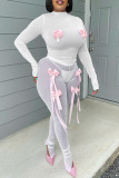 White Street Patchwork See-Through Bow Decor O Neck Long Sleeve Two Pieces