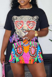 White Casual Animal Print Basic O Neck T-shirt Short Sleeve Dress
