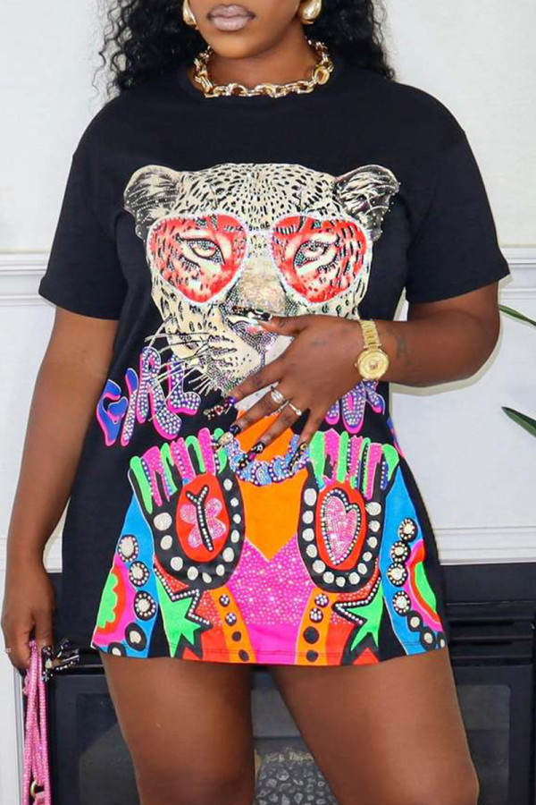 Black Casual Animal Print Basic O Neck T-shirt Short Sleeve Dress
