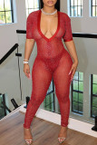 Red Sexy Solid Color Patchwork See-Through Deep V Neck Skinny Jumpsuits