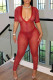 Red Sexy Solid Color Patchwork See-Through Deep V Neck Skinny Jumpsuits