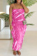Rose Red Sexy Casual Print Fringed Trim Backless Strapless Long Dresses