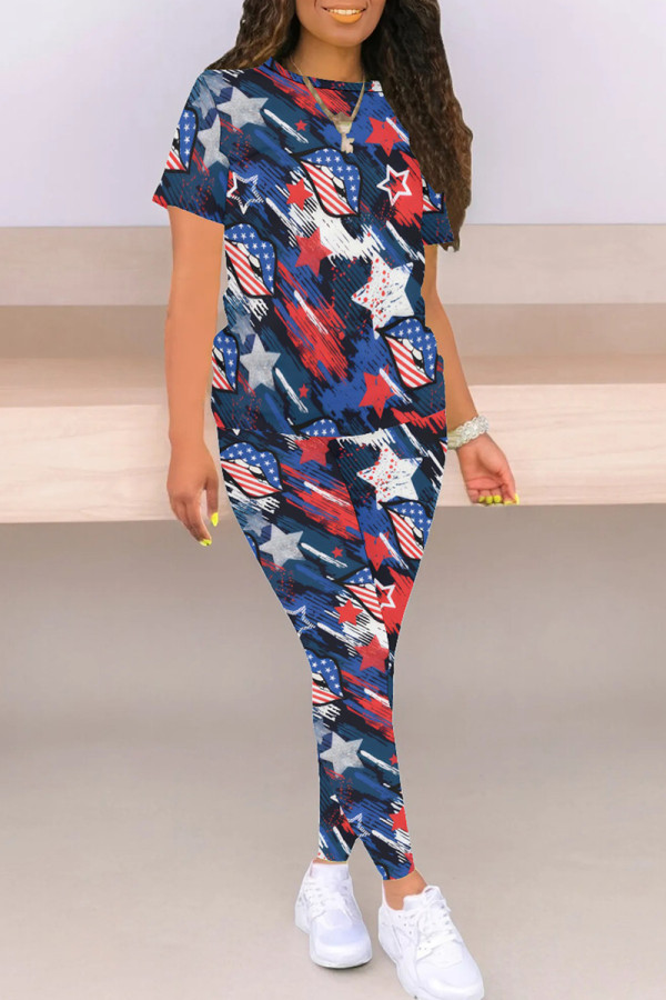 Blue Casual Print Patchwork O Neck Short Sleeve Two Pieces
