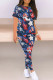 Blue Casual Print Patchwork O Neck Short Sleeve Two Pieces