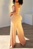 Apricot Sexy Casual Solid Color Backless Strapless Bodycon Jumpsuits