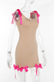 Khaki Sexy Patchwork Backless Bow Decor Belted U Neck Sling Dresses