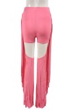 Pink Casual Solid Color Fringed Trim Hollow Out Skinny High Waist Conventional Solid Color Trousers