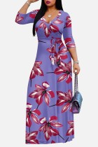 Purple Casual Floral Print Basic V Neck Long Dresses