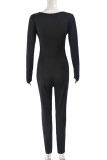 Black Sexy Casual Solid Color Patchwork See-Through U Neck Skinny Jumpsuits