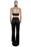 Black Sexy Casual Solid Color Backless Halter Sleeveless Two Pieces