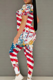 White Red Casual Print Patchwork O Neck Short Sleeve Two Pieces