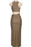 Brown Sexy Hollow Out Patchwork Backless Slit O Neck Long Dresses