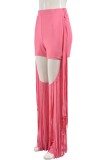 Pink Casual Solid Color Fringed Trim Hollow Out Skinny High Waist Conventional Solid Color Trousers