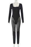 Black Sexy Casual Solid Color Patchwork See-Through U Neck Skinny Jumpsuits