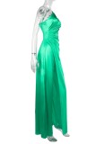 Green Sexy Formal Solid Color Slit Oblique Collar Long Dresses