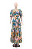 Multicolor Casual Print Patchwork V Neck Long Dresses
