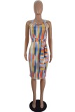 Multicolor Casual Print Hollow Out Belted O Neck Sleeveless Dresses