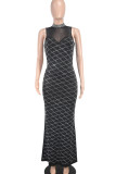 Black Celebrities Plaid Patchwork See-Through Mesh Hot Drill Zipper O Neck Long Dresses