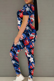 White Red Casual Print Patchwork O Neck Short Sleeve Two Pieces