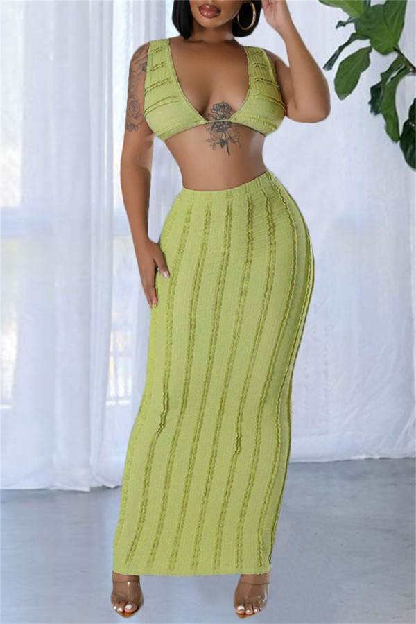 Green Sexy Casual Solid Color Backless Cross Straps Deep V Neck Sleeveless Two Pieces