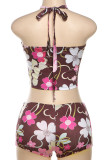 Colour Sexy Print Patchwork Backless Halter Sleeveless Two Pieces