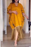 Dark Yellow Casual Print Fringed Trim V Neck Printed Dresses