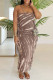 Brown Sexy Casual Print Fringed Trim Backless Strapless Long Dresses