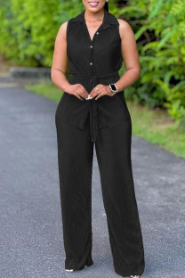 Black Casual Solid Color Buttons With Belt Turndown Collar Sleeveless Two Pieces