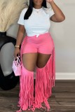 Pink Casual Solid Color Fringed Trim Hollow Out Skinny High Waist Conventional Solid Color Trousers