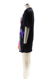 White Casual Animal Print Basic O Neck T-shirt Short Sleeve Dress