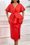 Red Party Formal Patchwork Ruffle Beading V Neck Evening Dresses