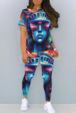 White Red Casual Print Patchwork O Neck Short Sleeve Two Pieces