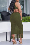 Army Green Sexy Solid Color Fringed Trim Hollow Out See-Through Spaghetti Strap Beach Dresses