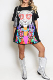 White Casual Animal Print Basic O Neck T-shirt Short Sleeve Dress