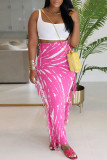 Rose Red Casual Print Fringed Trim Regular High Waist Conventional Full Print Skirts