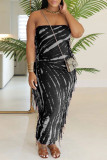 Black Sexy Casual Print Fringed Trim Backless Strapless Long Dresses