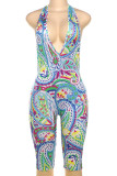 Green Sexy Print Patchwork Deep V Neck Skinny Rompers