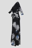 Black Casual Floral Print Basic V Neck Long Dresses