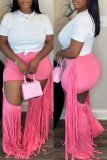 Pink Casual Solid Color Fringed Trim Hollow Out Skinny High Waist Conventional Solid Color Trousers