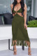 Army Green Sexy Solid Color Fringed Trim Hollow Out See-Through Spaghetti Strap Beach Dresses