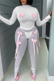 White Street Patchwork See-Through Bow Decor O Neck Long Sleeve Two Pieces